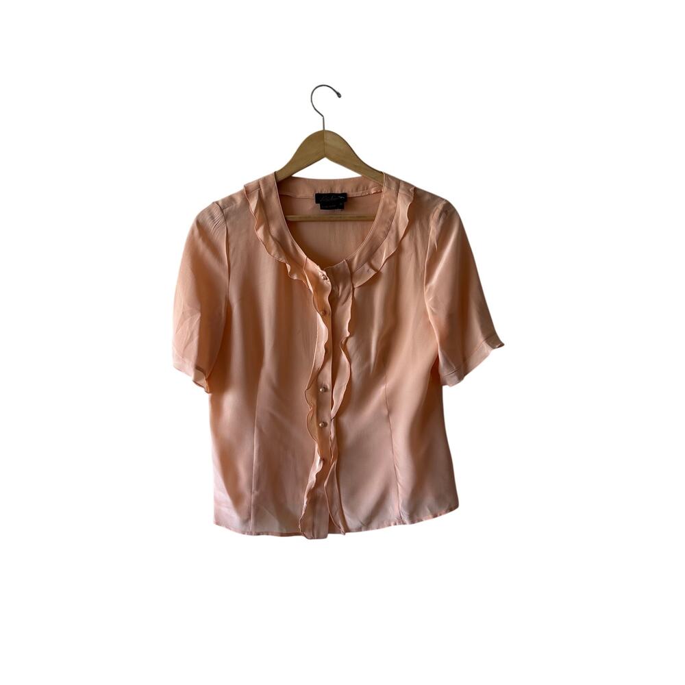 Luisa Spagnoli Peach Silk Blouse Pearl Buttons Ruffle Collar $585